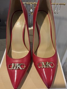 Michael Kors Red Leather w/ Patent Leather Pointed-Toe Pumps with Gold MK Emblem